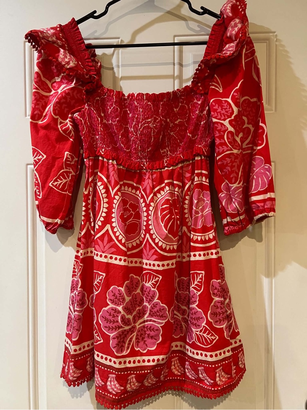 Farm Rio Red Floral Off-Shoulder Smocked Dress Size Small